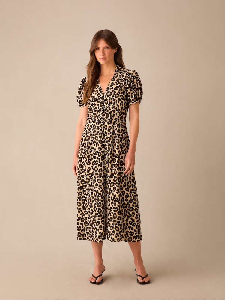 Ro&Zo Animal Print Petite Leopard Print Button Through Shirt Dress - Image 1 of 4