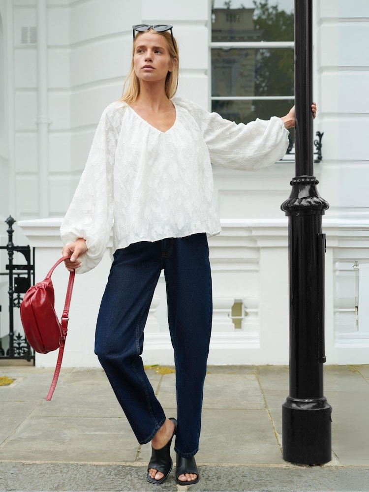 Ro&Zo Ivory White Leopard Print Jacquard Blouson Sleeve Blouse - Image 1 of 8