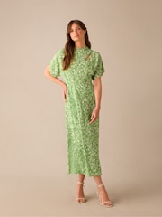 Ro&Zo Green Petite Ditsy Print Tuck Waist Midi Dress - Image 1 of 3