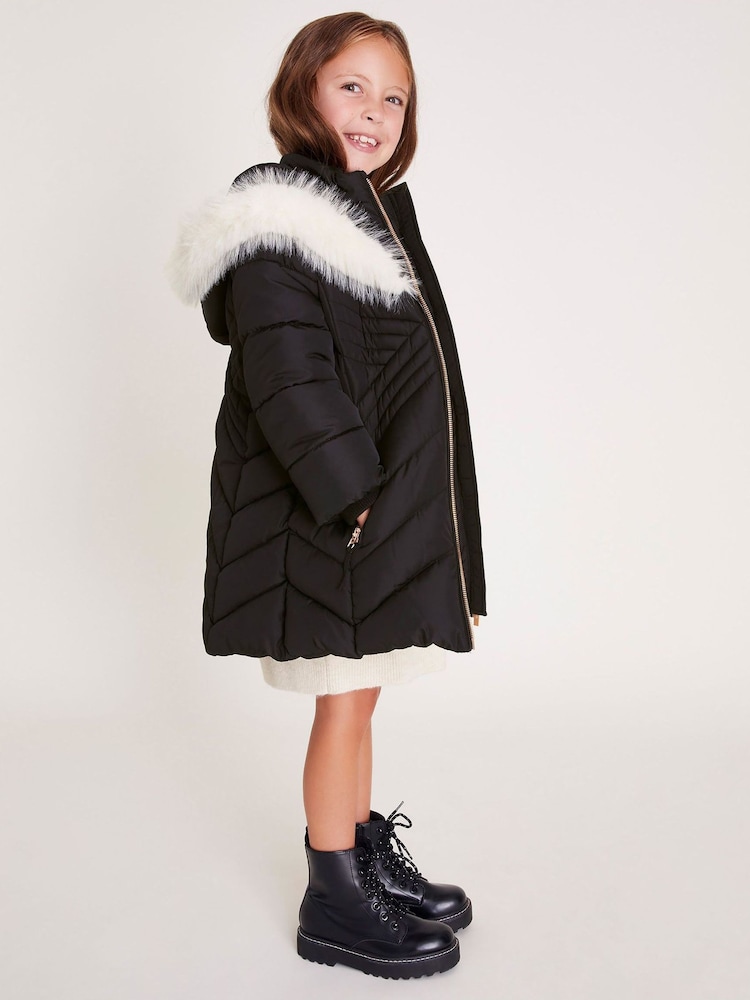 Monsoon Black Diagonal Padded Faux Fur Trim Coat - Image 1 of 4