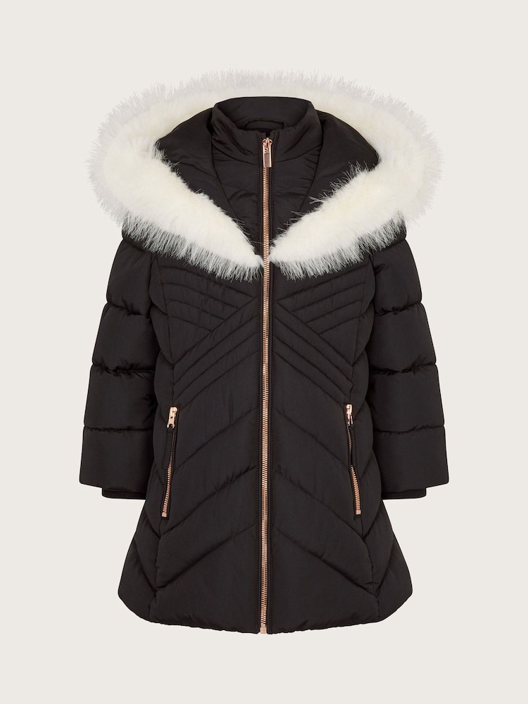 Monsoon Black Diagonal Padded Faux Fur Trim Coat - Image 2 of 4