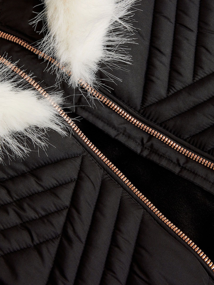 Monsoon Black Diagonal Padded Faux Fur Trim Coat - Image 4 of 4