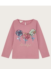 Monsoon Pink Long Sleeve 100% Cotton Sequin Flower T-Shirt - Image 2 of 4
