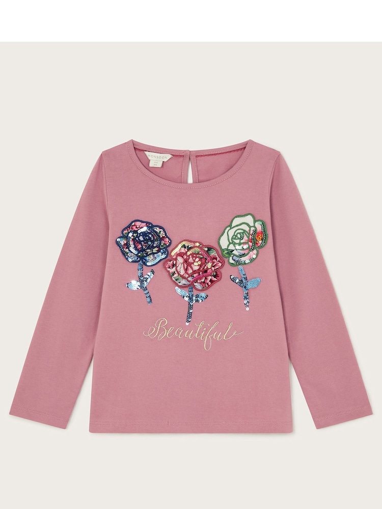 Monsoon Pink Long Sleeve 100% Cotton Sequin Flower T-Shirt - Image 2 of 4