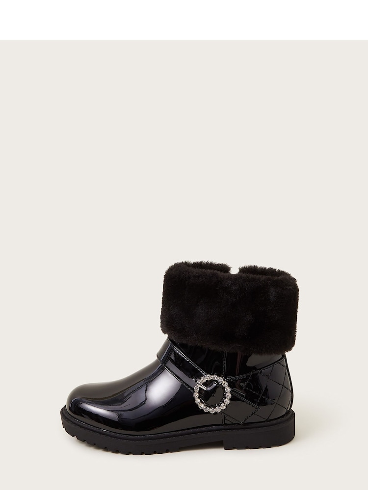 Monsoon Black Patent Faux Fur Cuff Boots - Image 2 of 3