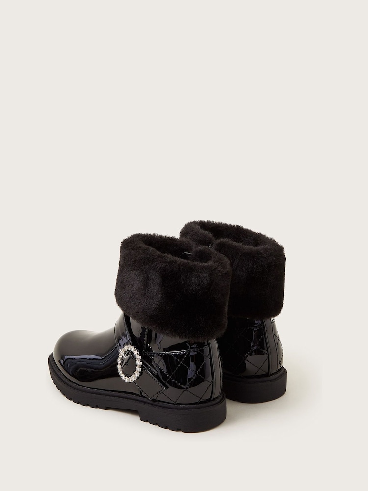 Monsoon Black Patent Faux Fur Cuff Boots - Image 3 of 3