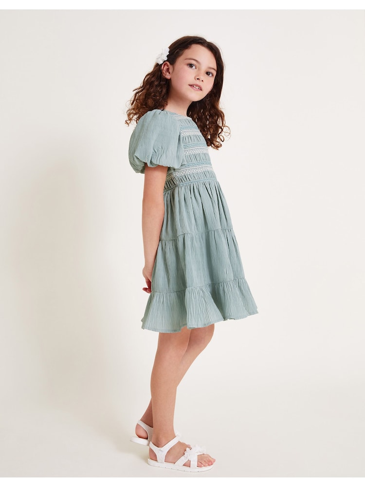 Monsoon Green Puff Sleeve Shirred Dress - Image 1 of 4 Monsoon Green Puff Sleeve Shirred Dress - Image 1 of 4