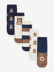Navy/Ecru Bear Cosy Terry Cotton Rich Socks 5 Pack - Image 1 of 6