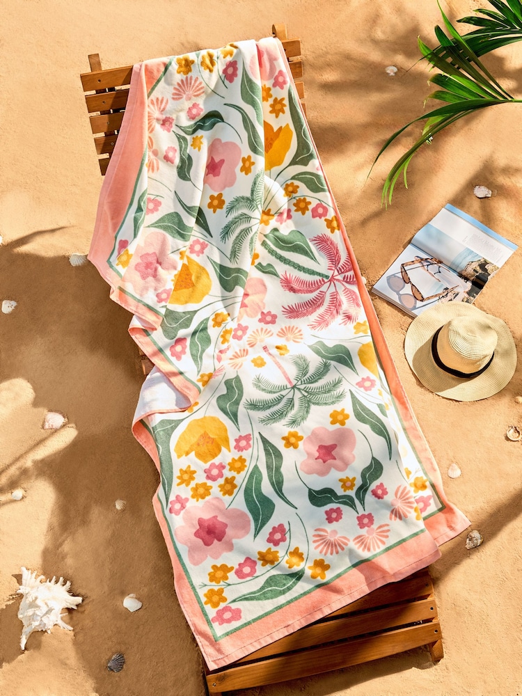 Pink Floral Palm XL 100% Cotton Beach Towel - Image 1 of 4
