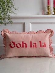 Rockett St George Pink Ooh La La Scalloped Velvet Slogan Cushion - Image 1 of 6