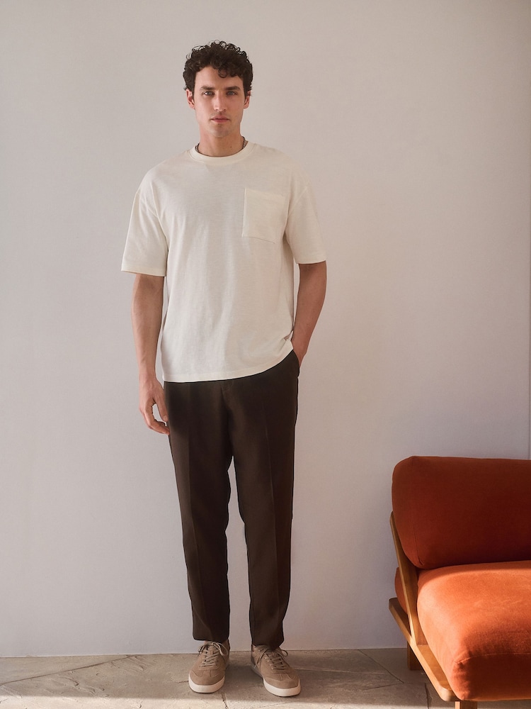Brown Regular Fit Cotton Linen Blend Elasticated Back Trousers - Image 1 of 9
