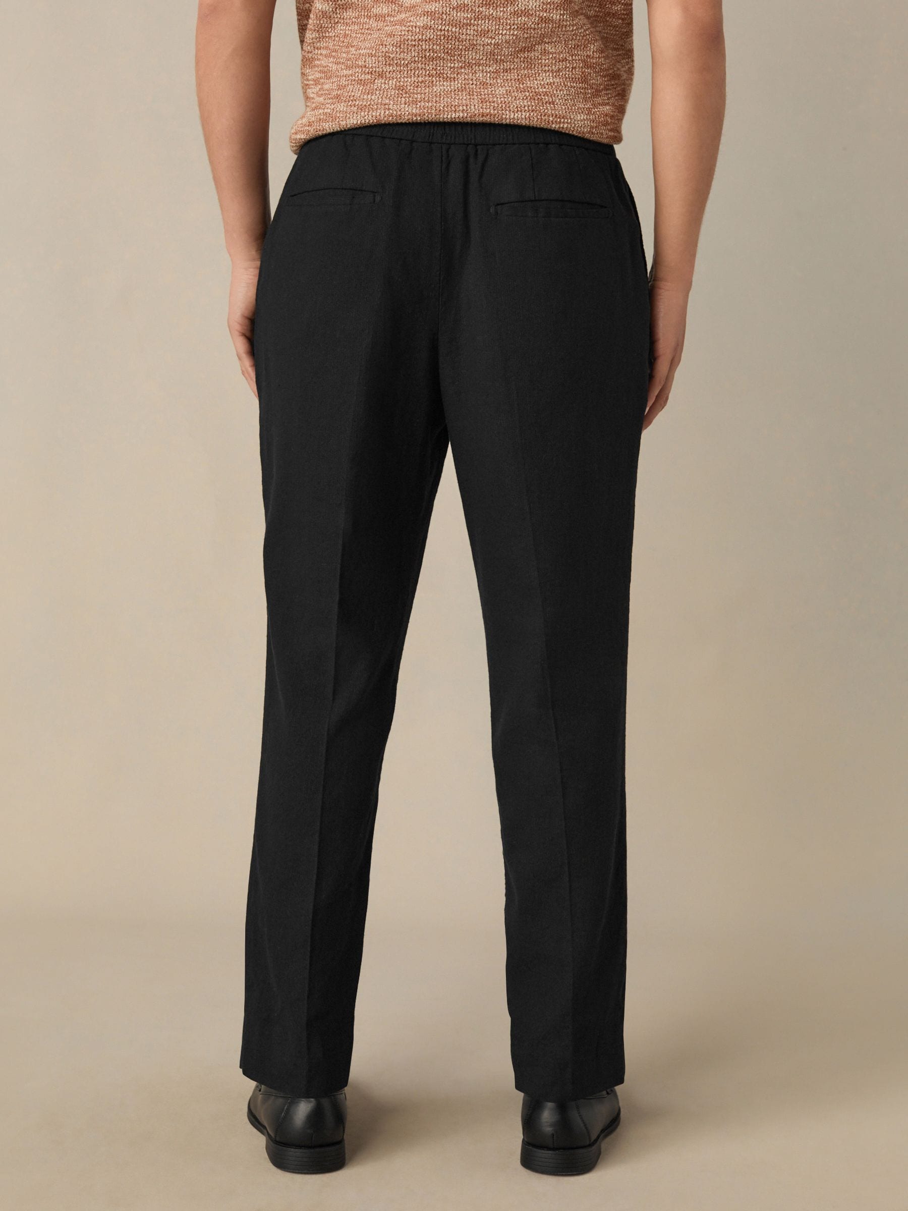 Buy Black Regular Fit Cotton Linen Blend Elasticated Back Trousers