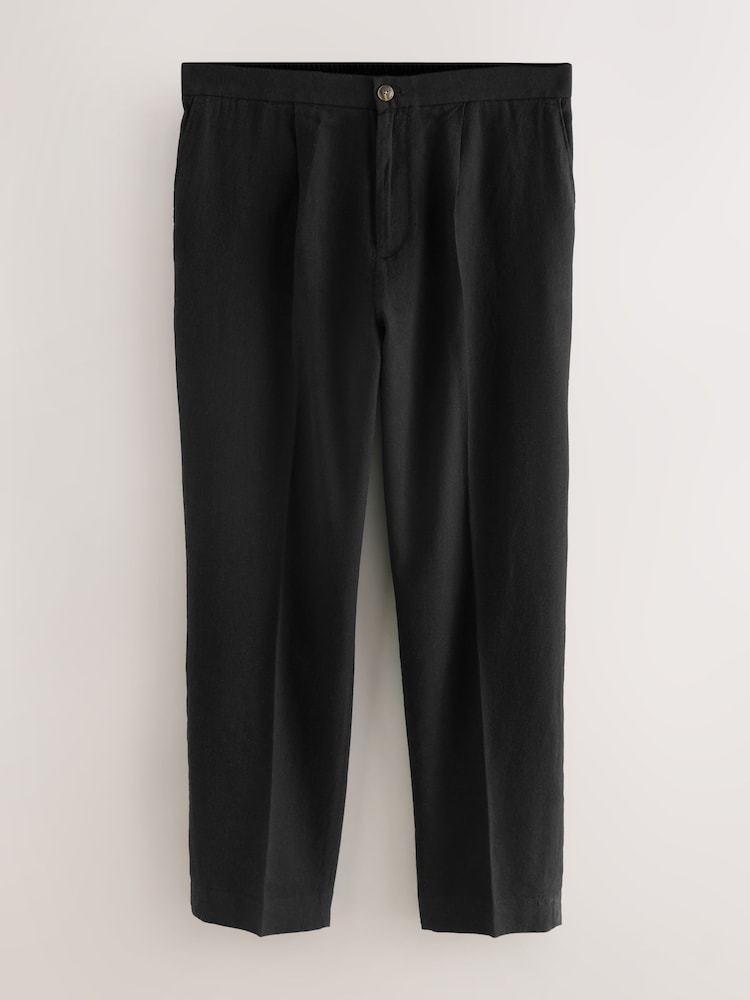 Чорний - стандартний крій Cotton льон Blend Elasticated Back штани - Image 6 of 11