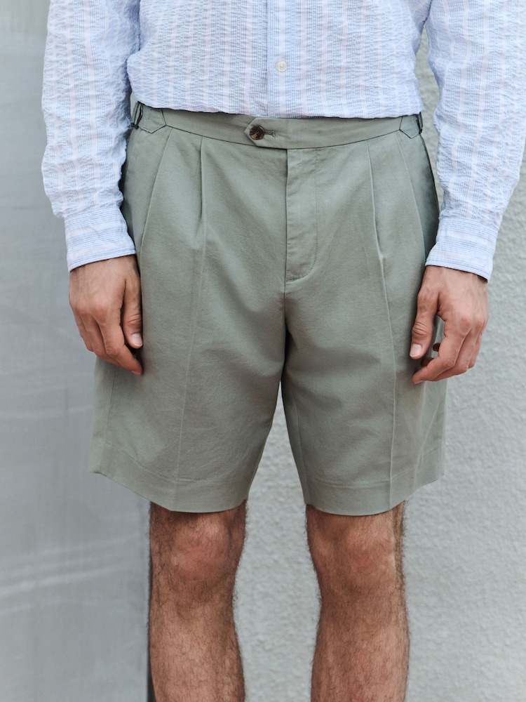Verde sálvia - Smart Cotton Blend Side Adjuster Shorts With Linen and Lyocell - Imagem 1 de 5