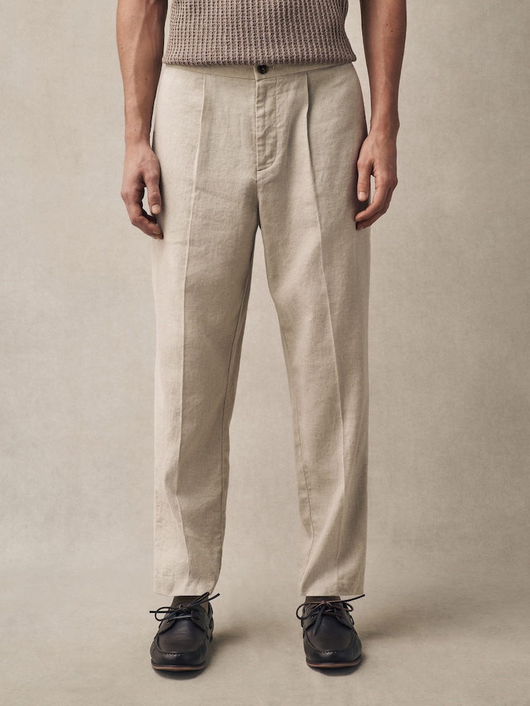 Ecru Regular Fit Cotton Linen Blend Elasticated Back Trousers - Image 1 of 9 Ecru Regular Fit Cotton Linen Blend Elasticated Back Trousers - Image 1 of 9