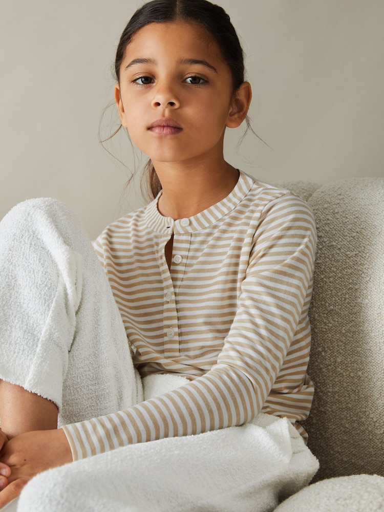 Reiss Oatmeal Tessa 9-13 yrs Striped Grandad Collar Long-Sleeve Top - Image 1 of 4