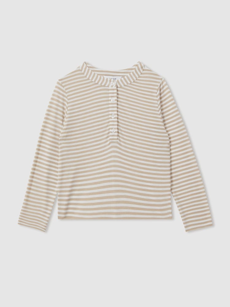 Reiss Oatmeal Tessa 13-14 yrs Striped Grandad Collar Long-Sleeve Top - Image 1 of 4 Reiss Oatmeal Tessa 13-14 yrs Striped Grandad Collar Long-Sleeve Top - Image 1 of 4