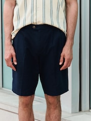 Navy Blue Smart Cotton Blend Side Adjuster Shorts With Linen and Lyocell - Image 1 of 9