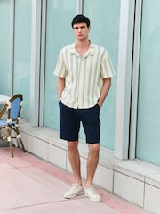 Navy Blue Smart Cotton Blend Side Adjuster Shorts With Linen and Lyocell - Image 3 of 9