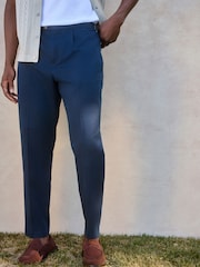 Navy Blue Regular Fit Cotton Linen Blend Trousers with Side Adjuster - Image 1 of 5