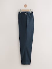 Navy Blue Regular Fit Cotton Linen Blend Trousers with Side Adjuster - Image 2 of 5