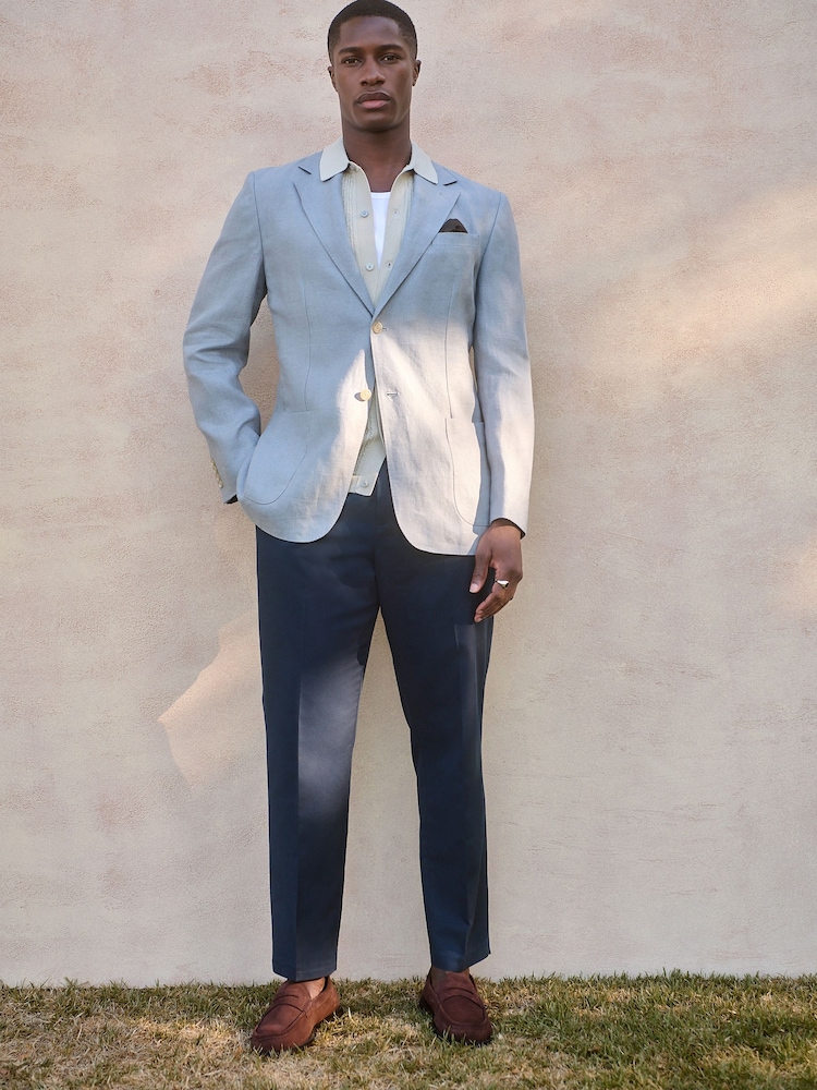 Navy Blue Regular Fit Cotton Linen Blend Trousers with Side Adjuster - Image 2 of 5