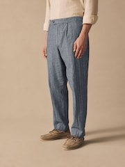 Blue Regular Fit Linen Blend Stripe Elasticated Back Trousers - Image 1 of 12