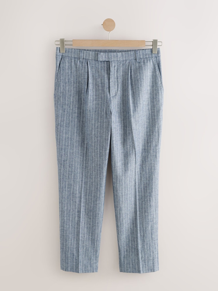 Blau - Normale Passform Streifenhose mit elastischer Rückseite aus Leinenmischung - Image 8 of 12