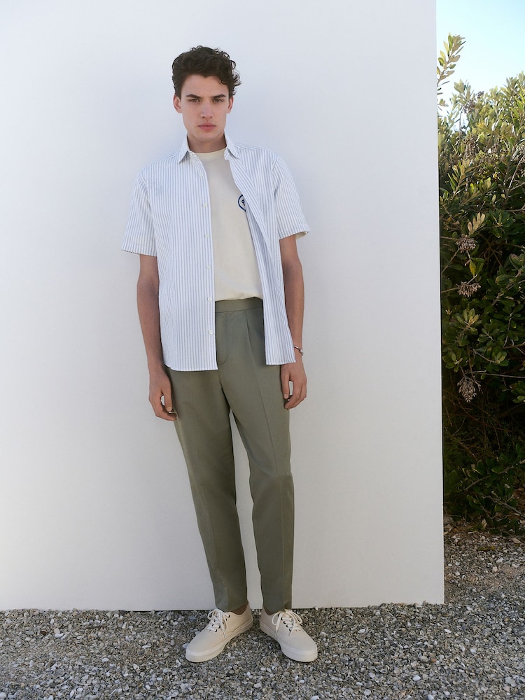 Sage Green Regular Fit Cotton Linen Blend Trousers with Side Adjuster - Image 1 of 9