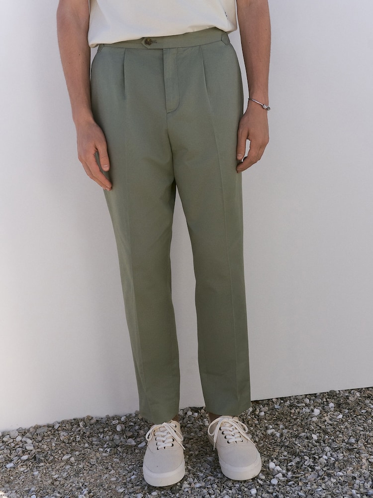 Sage Green Regular Fit Cotton Linen Blend Trousers with Side Adjuster - Image 2 of 9