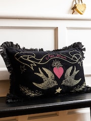 Rockett St George Black More Amore Embroidered Velvet Cushion - Image 1 of 6