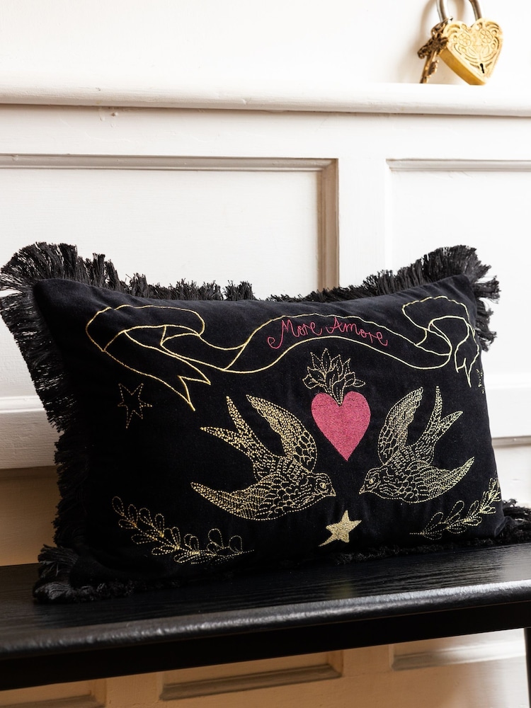 Rockett St George Black More Amore Embroidered Velvet Cushion - Image 1 of 6