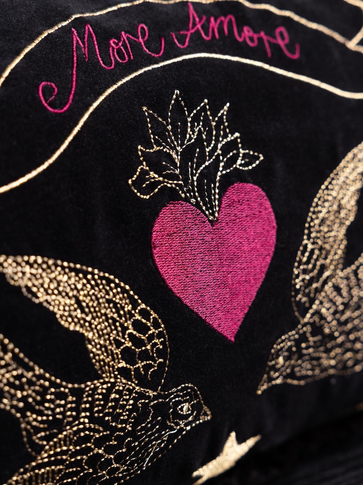 Rockett St George Black More Amore Embroidered Velvet Cushion - Image 2 of 6