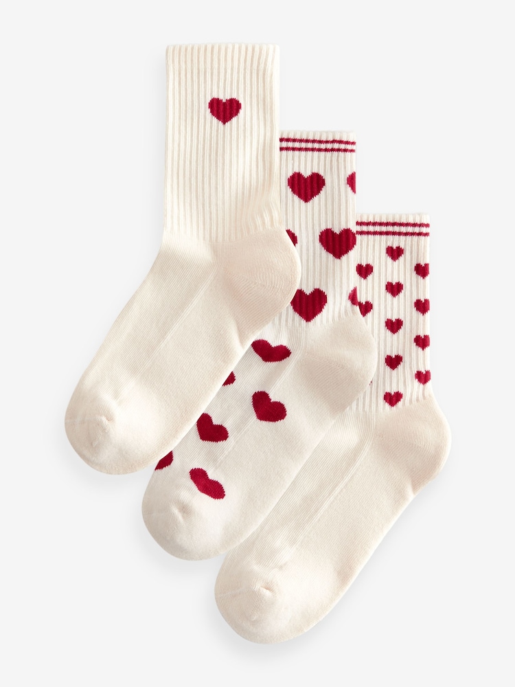 Red/Cream Hearts Ribbed Ankle Socks 3 Pack - Image 1 of 9