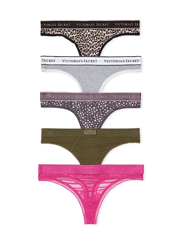 Victoria's Secret Leopard/Grey/Green/Pink Thong Logo 5 Pack Knickers - Image 1 of 3