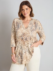 Live Unlimited Brown Neutral Animal Print Jersey V-Neck 3/4 Sleeve Top - Image 1 of 5
