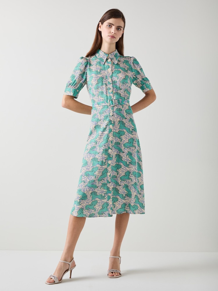 LK Bennett Cream Valerie Horses Print Belted Shirt Dress - Image 1 of 3 LK Bennett Cream Valerie Horses Print Belted Shirt Dress - Image 1 of 3
