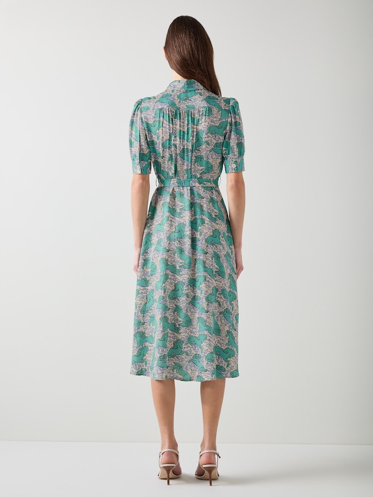 LK Bennett Cream Valerie Horses Print Belted Shirt Dress - Image 2 of 3 LK Bennett Cream Valerie Horses Print Belted Shirt Dress - Image 2 of 3
