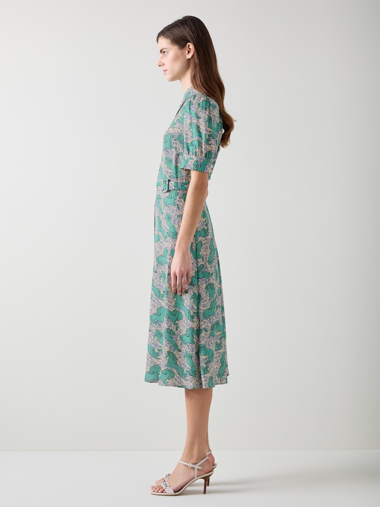 LK Bennett Cream Valerie Horses Print Belted Shirt Dress - Image 3 of 3 LK Bennett Cream Valerie Horses Print Belted Shirt Dress - Image 3 of 3