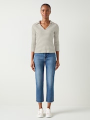 LK Bennett Cream/Black Lena Stripe Rib Collar Sleeved Jersey Top - Image 1 of 4