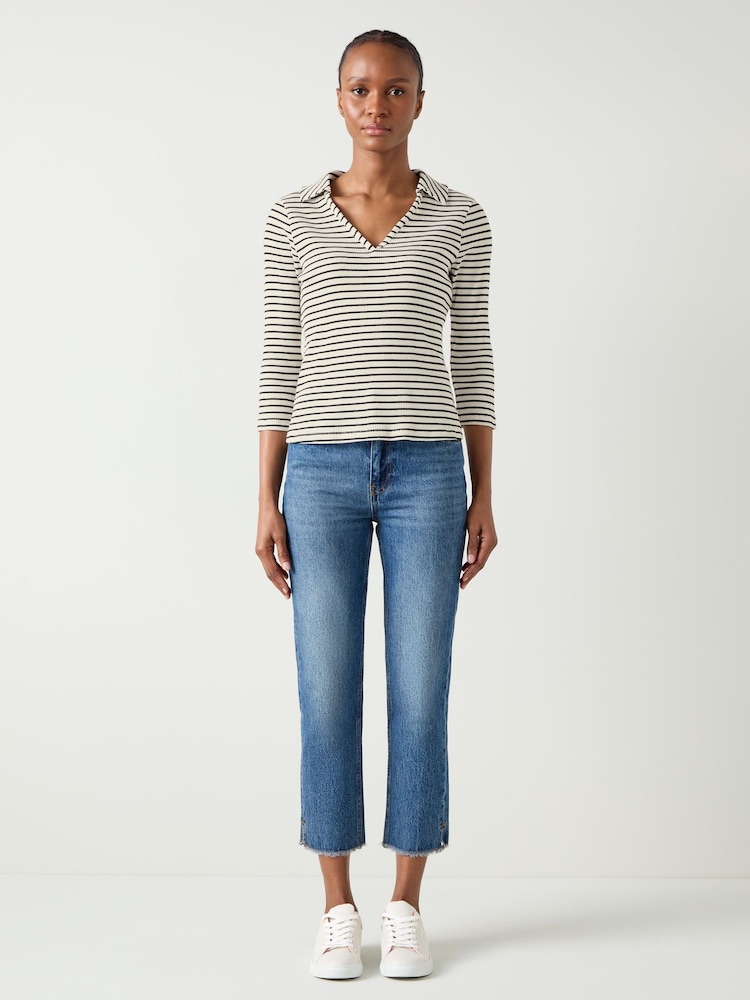 LK Bennett Cream/Black Lena Stripe Rib Collar Sleeved Jersey Top - Image 1 of 4