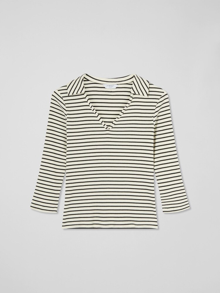 LK Bennett Cream/Black Lena Stripe Rib Collar Sleeved Jersey Top - Image 4 of 4