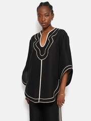 Jigsaw Black Scalloped Linen Rich Embroidery Tunic - Image 1 of 5