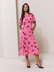 Lipsy Pink Spot Short Flutter Sleeve Midi Dress - Image 1 of 5