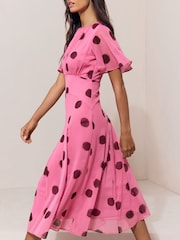 Lipsy Pink Spot Short Flutter Sleeve Midi Dress - Image 2 of 5