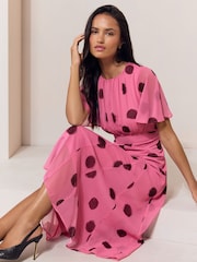 Lipsy Pink Spot Short Flutter Sleeve Midi Dress - Image 3 of 5