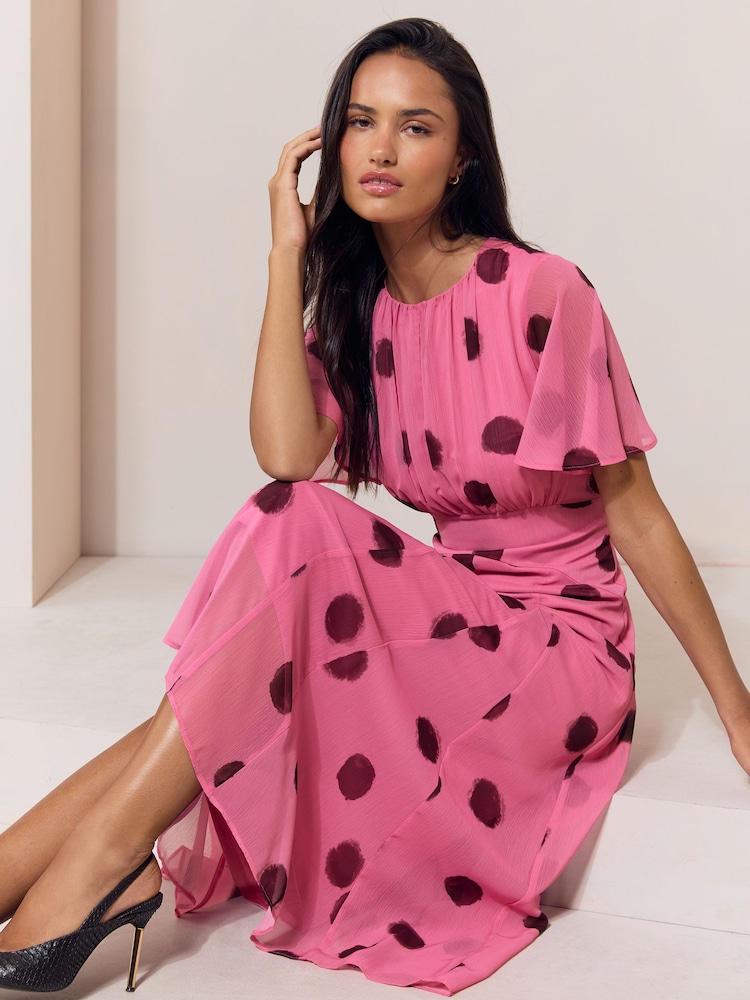 pink flutter sleeve midi dress Printed Flutter Sleeve Midi Dress Hot Pink / L