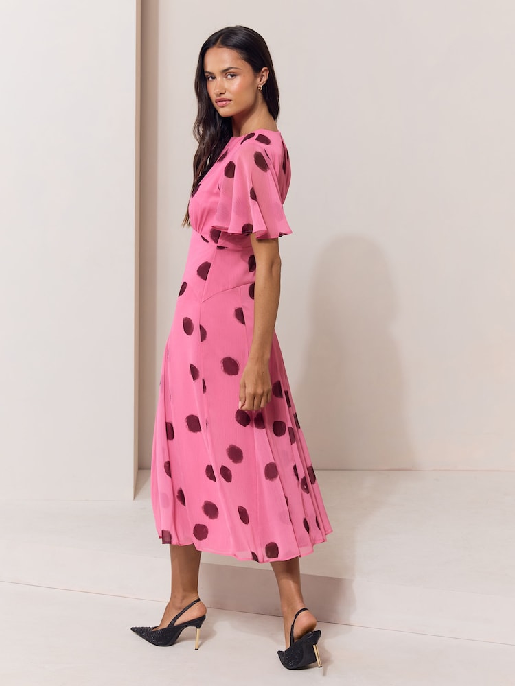 Lipsy Pink Spot Short Flutter Sleeve Midi Dress - Image 5 of 5