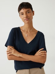 Hush Dark Blue Kali 100% Cotton Slub V-Neck T-Shirt - Image 1 of 5