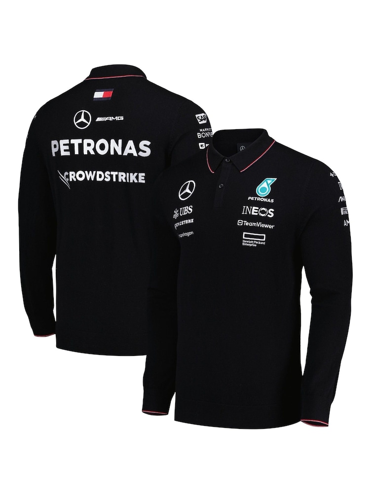 Fanatics F1 Mercedes AMG Petronas 2024 Team Knitted Long Sleeve Black Polo Shirt - Image 1 of 3